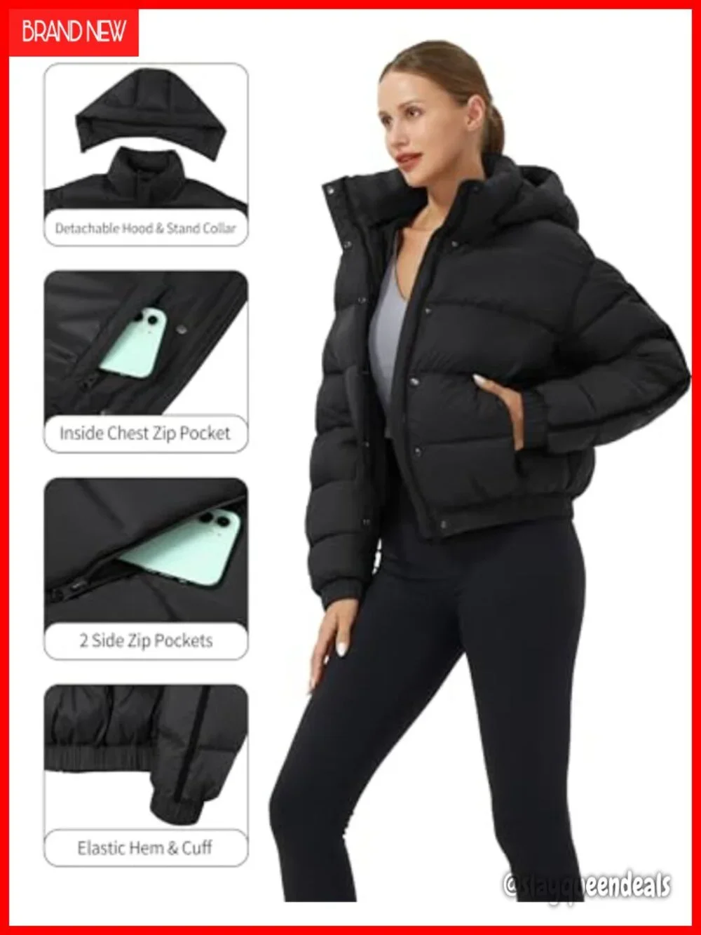 Cropped Puffer Jacket with Hood Waterproof Winter Coat Down Alternative